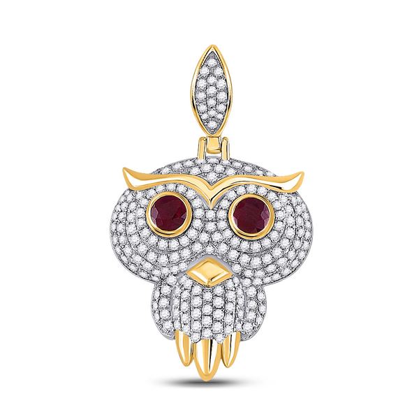 Mens Ruby Diamond Owl Bird Charm Pendant 2-5/8 Cttw 14kt Yellow Gold