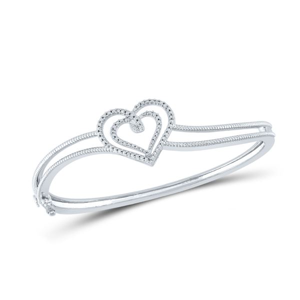 Diamond Double Heart Bangle Bracelet 1/20 Cttw Sterling Silver