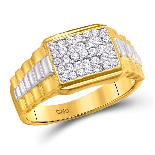 Mens Diamond Rectangle Cluster Ribbed Two-tone Ring 1/2 Cttw 10kt Yellow Gold