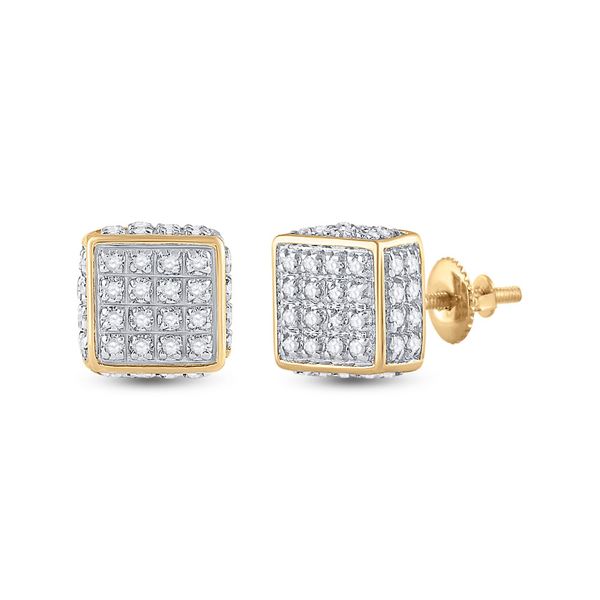 Mens Diamond 3D Square Stud Earrings 1/4 Cttw 10kt Yellow Gold