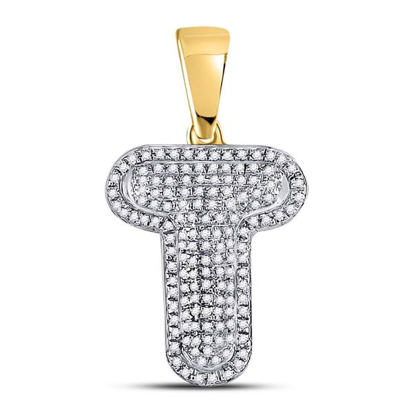 Mens Diamond Letter T Bubble Initial Charm Pendant 3/8 Cttw 10kt Yellow Gold
