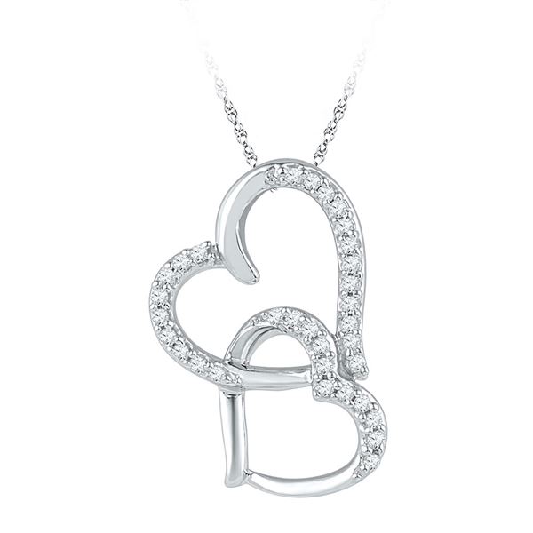 Diamond Linked Double Heart Pendant 1/10 Cttw 10kt White Gold