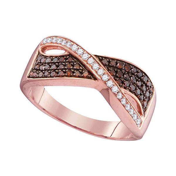 Red Color Enhanced Diamond Crossover Band Ring 1/3 Cttw 10kt Rose Gold
