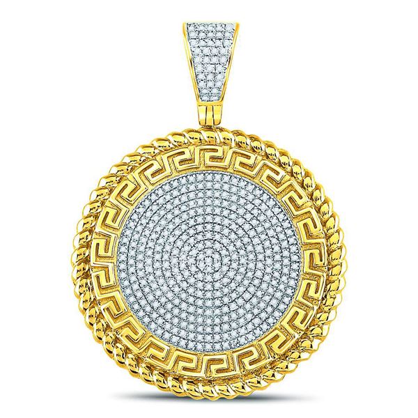 Mens Diamond Greek Key Circle Charm Pendant 5/8 Cttw 10kt Yellow Gold