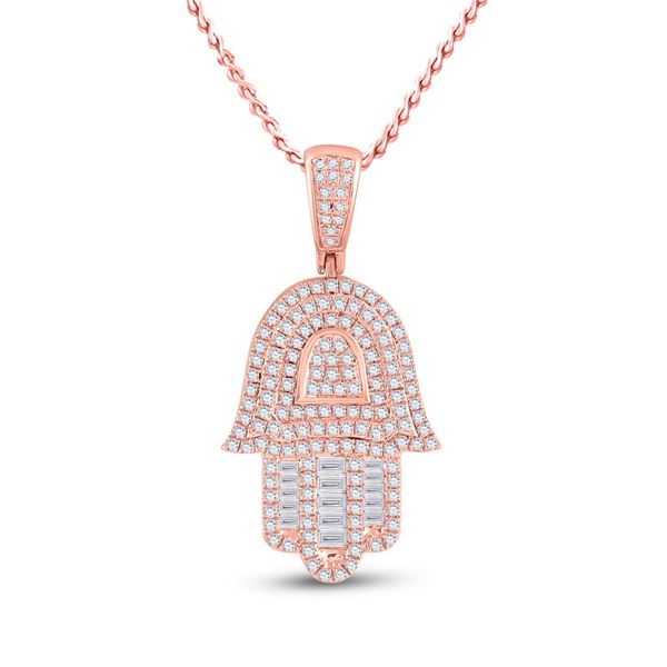 Mens Baguette Diamond Hamsa Hand Charm Pendant 3/4 Cttw 10kt Rose Gold
