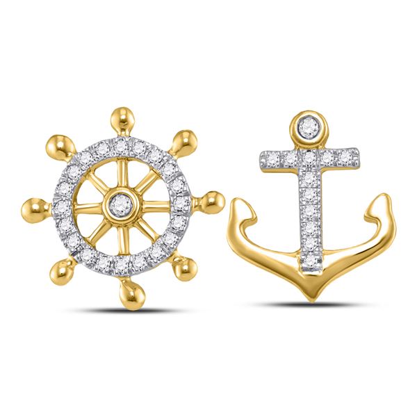 Diamond Anchor Wheel Nautical Earrings 1/10 Cttw 10kt Yellow Gold