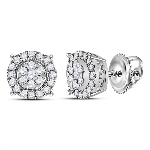 Diamond Circle Halo Cluster Earrings 1/4 Cttw 14kt White Gold
