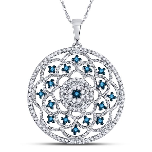Blue Color Enhanced Diamond Circle Pendant 1/2 Cttw 10kt White Gold