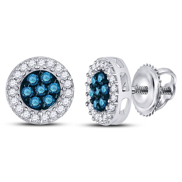 Blue Color Enhanced Diamond Cluster Earrings 1/2 Cttw 10kt White Gold