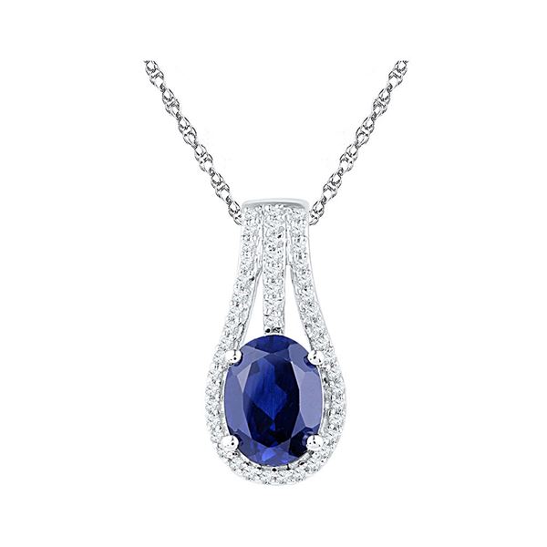 Oval Lab-Created Blue Sapphire Solitaire Diamond Pendant 1-3/4 Cttw 10kt White Gold