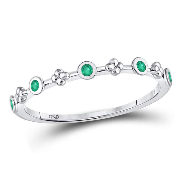 Emerald Dot Flower Stackable Band Ring 1/12 Cttw 10kt White Gold