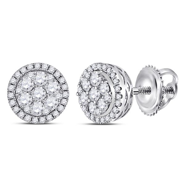 Diamond Flower Halo Cluster Earrings 1/2 Cttw 14kt White Gold