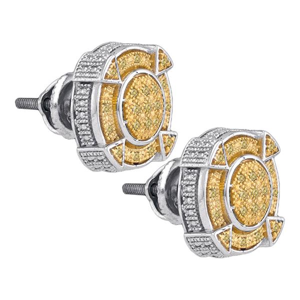 Sterling Silver Mens Yellow Color Enhanced Diamond Cluster Earrings 1/6 Cttw Sterling Silver
