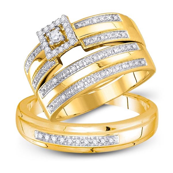 His Hers Diamond Square Matching Wedding Set 1/4 Cttw 10kt Yellow Gold