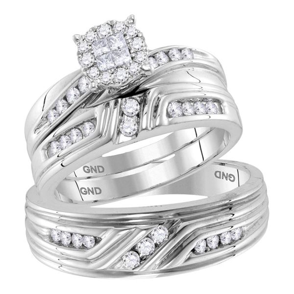 His Hers Princess Diamond Cluster Matching Wedding Set 5/8 Cttw 14kt White Gold