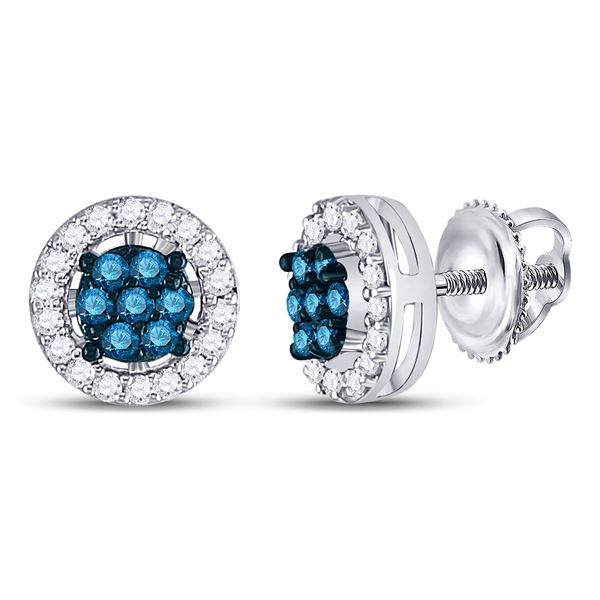 Blue Color Enhanced Diamond Cluster Stud Earrings 1/4 Cttw 10k White Gold