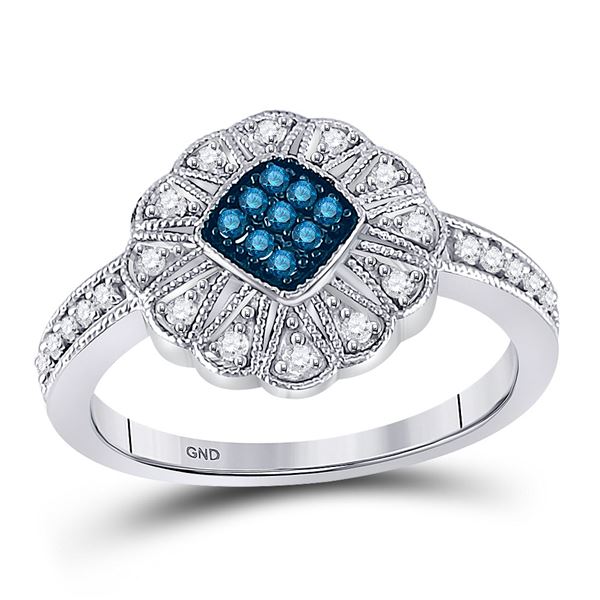Blue Color Enhanced Diamond Cluster Ring 1/4 Cttw 10kt White Gold