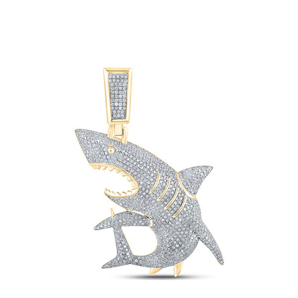 Mens Diamond Shark Nautical Charm Fashion Pendant 1 & 1/2 Cttw 10kt Yellow Gold