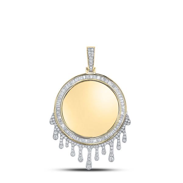 Mens Baguette Diamond Dripping Circle Picture Memory Pendant 1-7/8 Cttw 10kt Yellow Gold