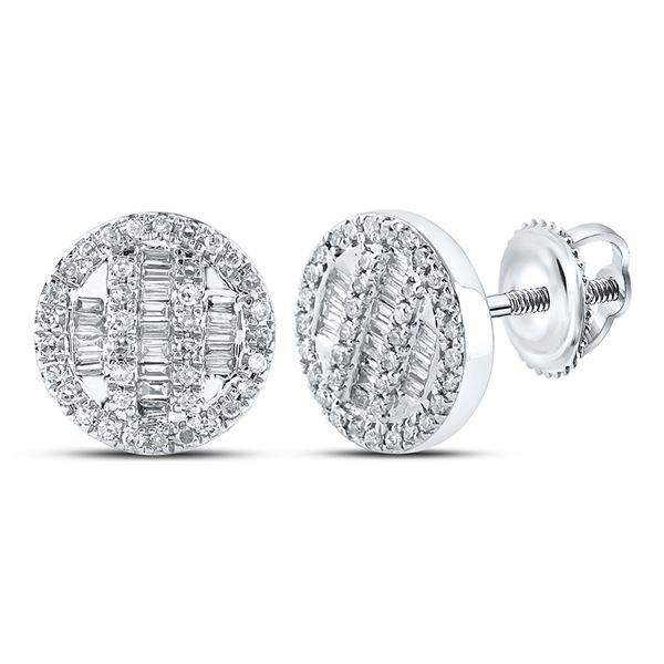 Mens Baguette Diamond Circle Cluster Earrings 1/3 Cttw 10kt White Gold