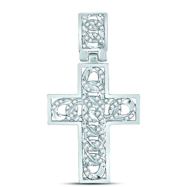 Mens Diamond Curb Link Cross Charm Pendant 5/8 Cttw 10kt White Gold