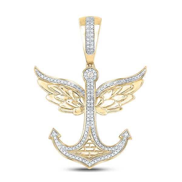 Mens Diamond Anchor Wings Charm Pendant 1/3 Cttw 10kt Yellow Gold