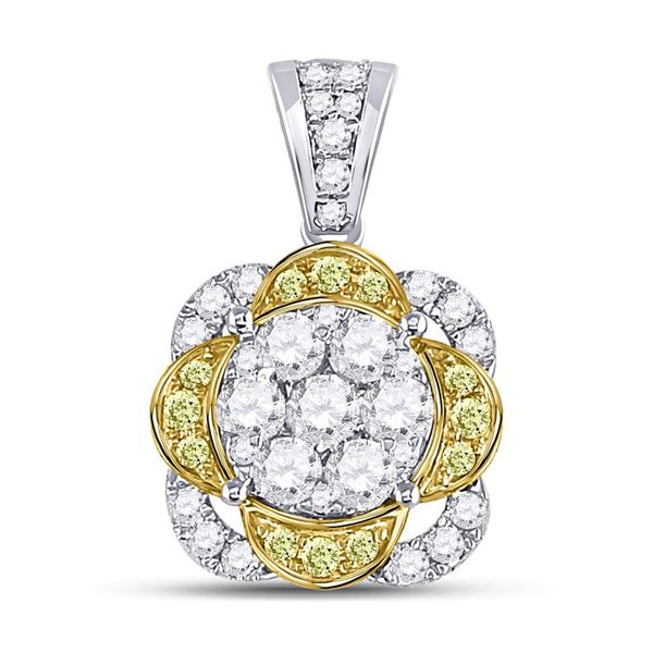 Yellow Diamond Flower Cluster Pendant 1 Cttw 14kt White Gold