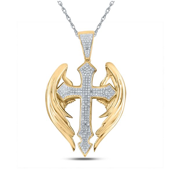 Mens Diamond Wings Cross Charm Pendant 1/2 Cttw 10kt Yellow Gold