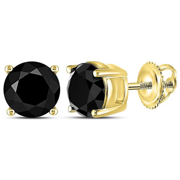 Unisex Black Color Enhanced Diamond Solitaire Earrings 3 Cttw 10kt Yellow Gold