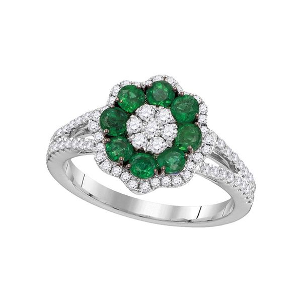 Emerald Diamond Flower Cluster Ring 1-1/4 Cttw 18kt White Gold