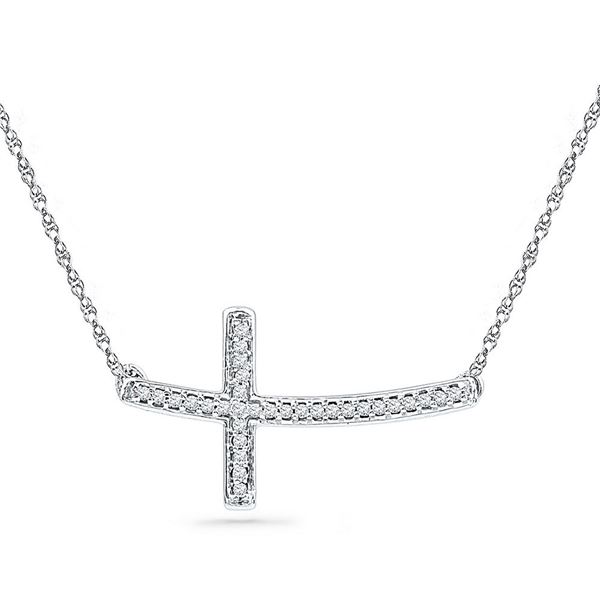 Diamond Horizontal Sideways Cross Necklace 1/10 Cttw Sterling Silver