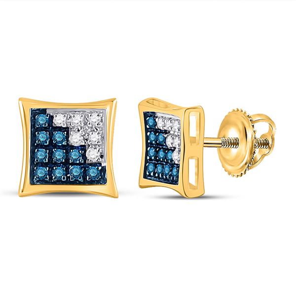 Mens Blue Color Enhanced Diamond Square Earrings 1/10 Cttw 10kt Yellow Gold
