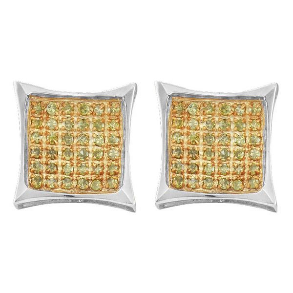 Mens Yellow Color Enhanced Diamond Square Earrings 1/10 Cttw 10kt White Gold