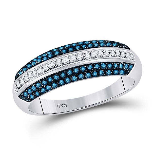 Blue Color Enhanced Diamond Striped Band Ring 1/2 Cttw 10kt White Gold