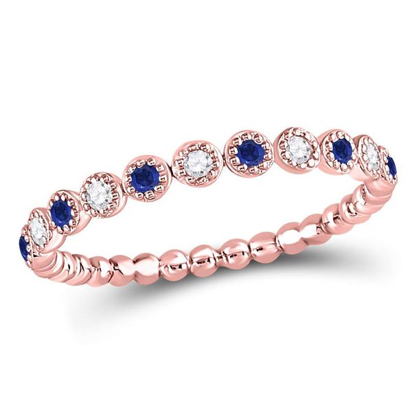 Blue Sapphire Diamond Beaded Dot Stackable Band Ring 1/6 Cttw 10kt Rose Gold