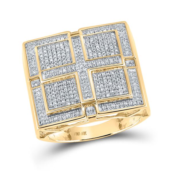 Mens Pave-set Diamond Square Cross Cluster Ring 1/2 Cttw 10kt Yellow Gold
