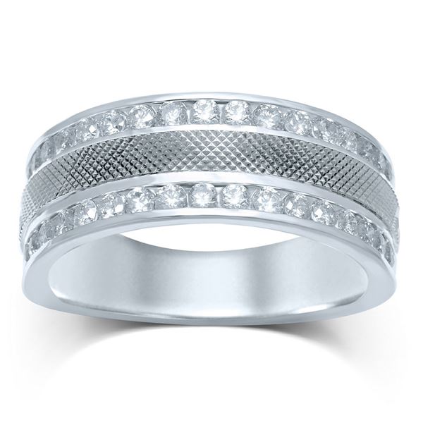 Mens Diamond Double Row Textured Wedding Band Ring 1 Cttw 14kt White Gold