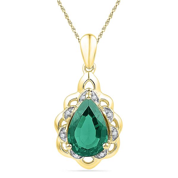 Pear Lab-Created Emerald Solitaire Diamond Pendant 3-3/8 Cttw 10kt Yellow Gold