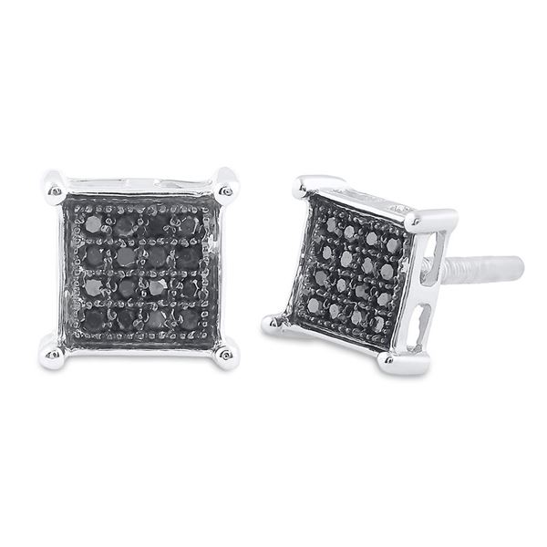 Sterling Silver Mens Black Color Enhanced Diamond Square Cluster Earrings 1/10 Cttw Sterling Silver