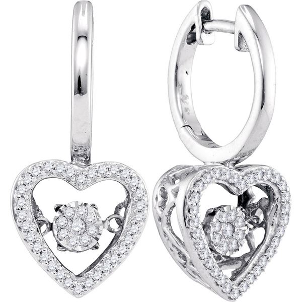 Diamond Heart Moving Twinkle Dangle Earrings 1/4 Cttw 10kt White Gold