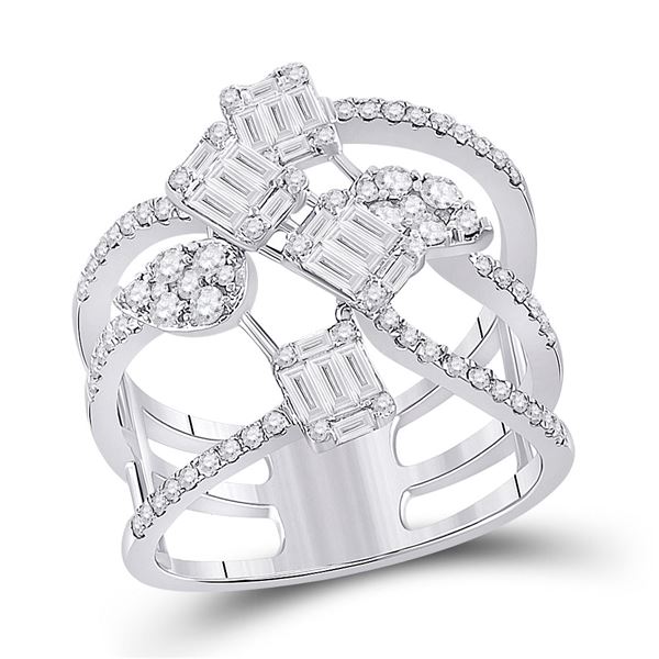 Baguette Diamond Cluster Strand Fashion Ring 1-1/8 Cttw 14kt White Gold