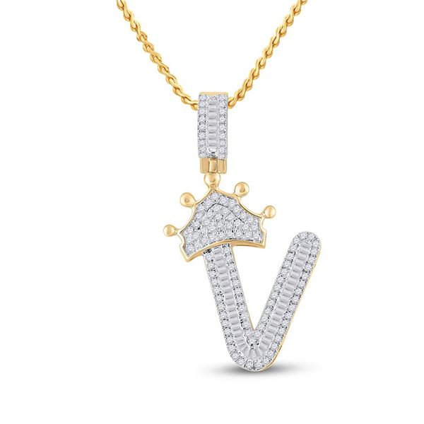 Mens Baguette Diamond Crown V Letter Charm Pendant 5/8 Cttw 10kt Yellow Gold