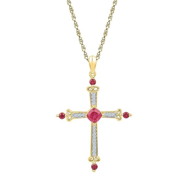 Lab-Created Ruby Diamond Cross Pendant 1-1/3 Cttw 10kt Yellow Gold