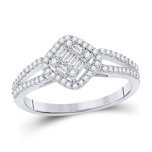 Baguette Diamond Offset Square Cluster Ring 3/8 Cttw 14kt White Gold