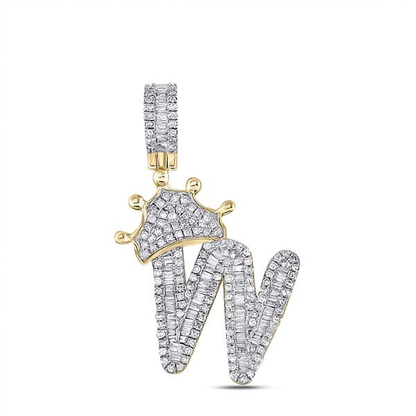 Mens Baguette Diamond Crown W Letter Charm Pendant 7/8 Cttw 10kt Yellow Gold