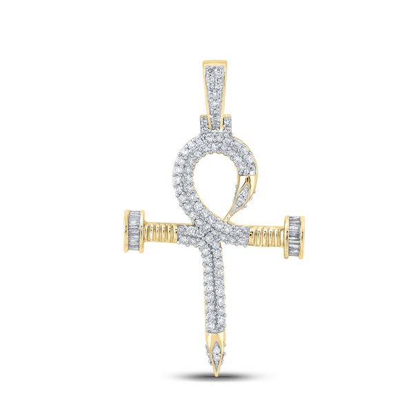 Mens Baguette Diamond Ankh Nail Cross Charm Pendant 1 Cttw 10kt Yellow Gold