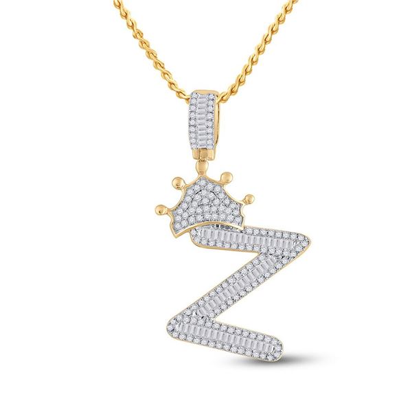 Mens Baguette Diamond Crown Z Letter Charm Pendant 3/4 Cttw 10kt Yellow Gold
