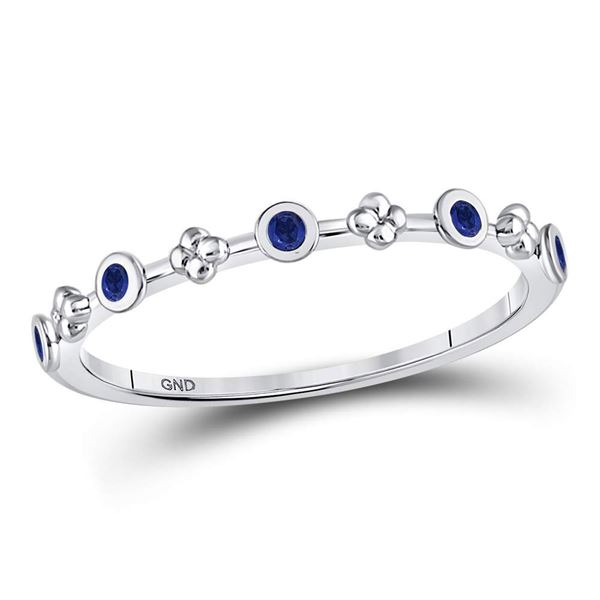 Blue Sapphire Dot Flower Stackable Band Ring 1/12 Cttw 10kt White Gold