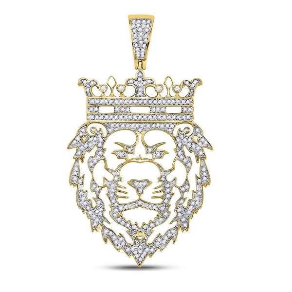 Mens Diamond King Lion Crown Charm Pendant 3/4 Cttw 10kt Yellow Gold