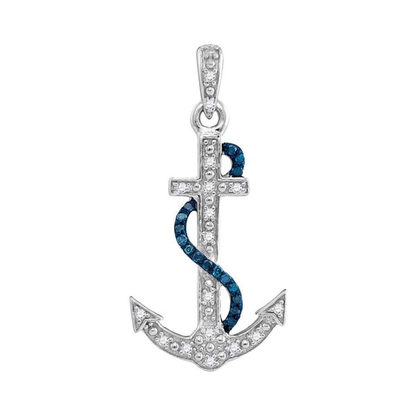 Blue Color Enhanced Diamond Nautical Anchor Pendant 1/10 Cttw Sterling Silver